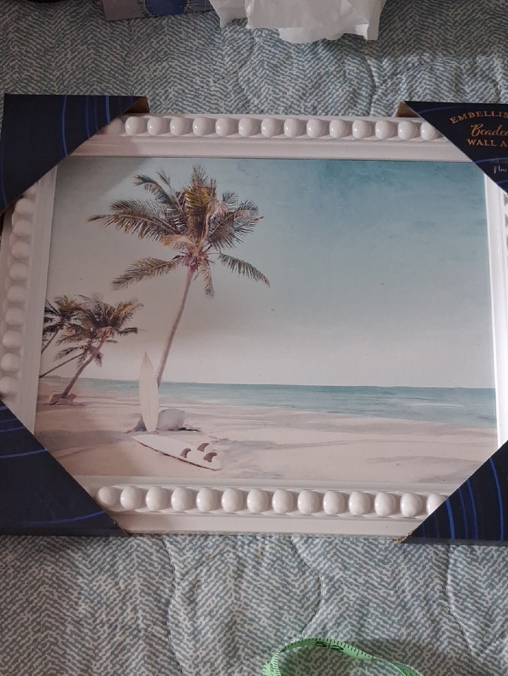 Embellished Beach Van Wall Art - Cream Frame, Mint Van